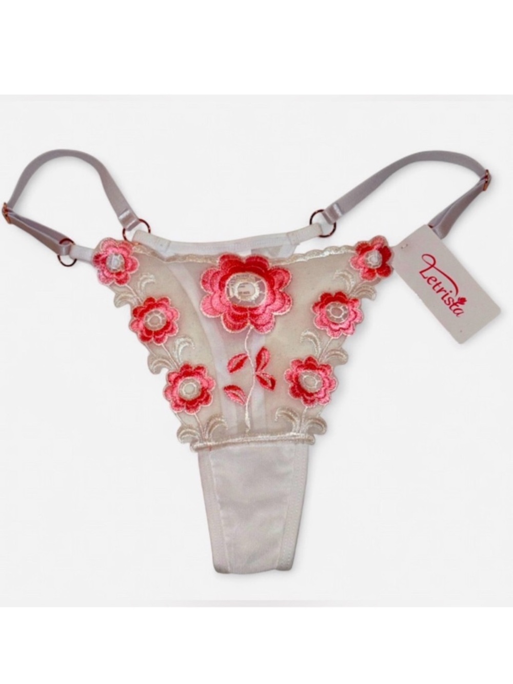 NEW Sheer Mesh Floral Embroidered White/Pink Thong - Medium